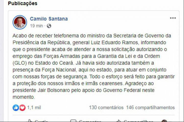 Camilo Santana postou informação no Facebook