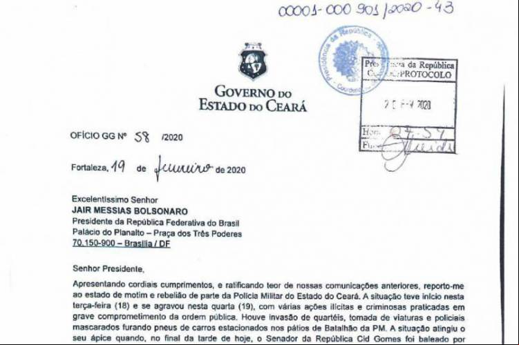 Ofício enviado pelo governador Camilo Santana ao presidente Jair Bolsonaro formalizando pedido de tropas militares para Garantia da Lei e da Ordem (GLO)