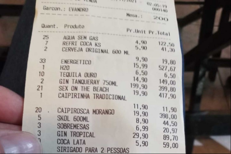 A descrição da conta no estabelecimento possuía drinks, bebidas e comidas