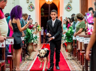Cães de casal foram escolhidos como pajens de casamento em igreja de Nova Olinda 