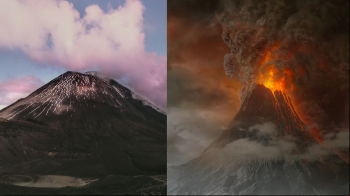O Monte Ngauruhoe foi o cenário para o Monte da Perdição em Senhor dos Anéis. Na foto, comparação com a edição do filme O Monte Ngauruhoe foi o cenário para o Monte da Perdição em Senhor dos Anéis. Na foto, comparação com a edição do filme