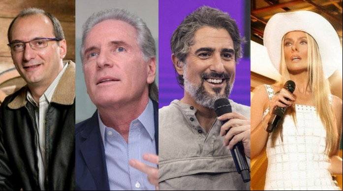 Da esquerda para a direita, os apresentadores A Fazenda: Britto Júnior, Roberto Justus, Marcos Mion e Adriane Galisteu Da esquerda para a direita, os apresentadores A Fazenda: Britto Júnior, Roberto Justus, Marcos Mion e Adriane Galisteu