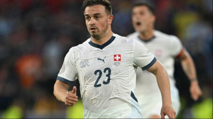 Switzerland's midfielder #23 Xherdan Shaqiri looks on during the UEFA Euro 2024 Group A football match between Scotland and Switzerland at the Cologne Stadium in Cologne on June 19, 2024. (Photo by OZAN KOSE / AFP) 