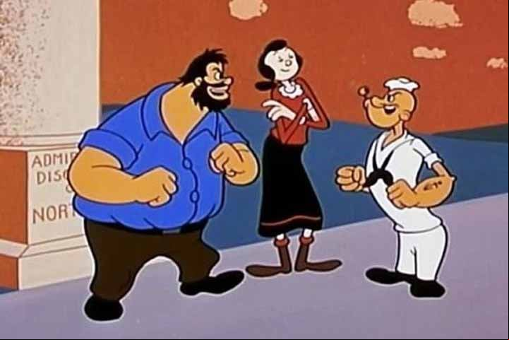 Popeye, que vive com um cachimbo na boca, namora Olívia Palito e, para proteger a amada das investidas do vilão Brutus, come espinafre.