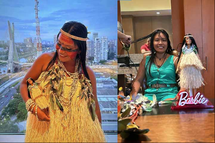 Maira Gomez - A boneca que homenageia a indígena brasileira e influenciadora Maira Gomez tem pintura e roupas tradicionais da etnia Tatuyo, da qual ela faz parte.