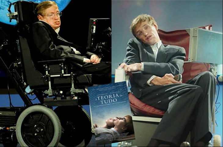 Eddie Redmayne - A Teoria de Tudo (2014) - O ator interpretou o físico Stephen Hawking (1942-2018), que sofria de esclerose lateral amiotrófica, que afeta o neurônio motor e, mesmo assim, foi um gênio. Hawking (à esquerda) só falava por meio de equipamento especial e parabenizou o ator pela interpretação: Eddie, estou orgulhoso de você.