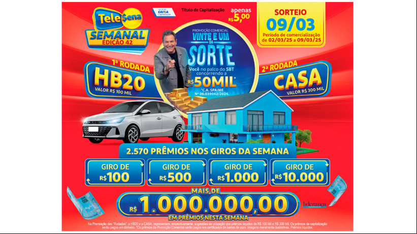 Tele Sena Semanal: resultado do sorteio de hoje, domingo, 09 de março de 2025 (09/03/25); mais de R$ 1 milhão em prêmios