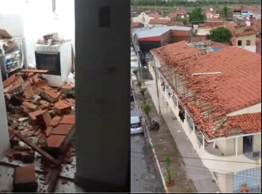 Telhados, postes, árvores e placas de energia solar foram arrancadas pelo vento em Russas, no dia 25 de janeiro 