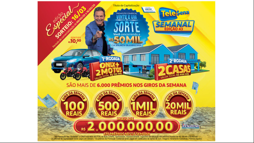 Tele Sena Semanal: resultado do sorteio de hoje, domingo, 16 de março de 2025 (16/03/25), pelo SBT. Mais de R$ 2 milhões em prêmios