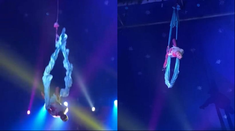 Artista executava movimentos no ar com auxílio de tecidos quando caiu