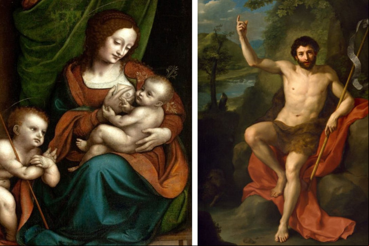 Maria com o Menino Jesus e João Batista; à direita, representação de João Batista. Maria com o Menino Jesus e João Batista; à direita, representação de João Batista.