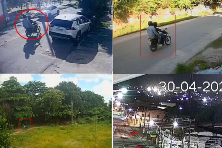 Câmeras de vigilância flagraram a moto utilizada pelos criminosos e um carro que daria apoio a eles em diversos pontos de Fortaleza Câmeras de vigilância flagraram a moto utilizada pelos criminosos e um carro que daria apoio a eles em diversos pontos de Fortaleza