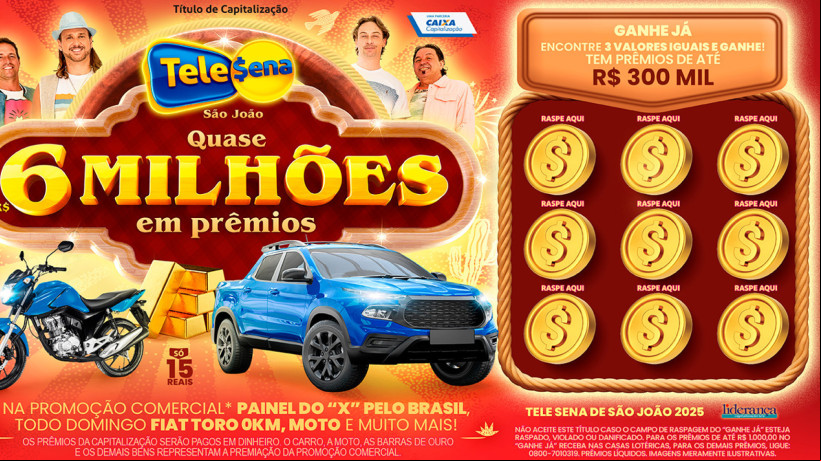 Tele Sena de SÃ£o JoÃ£o 2025: resultado do sorteio de hoje, domingo, 1Âº de junho de 2025 (01/06/25); quase R$ 6 milhÃµes em prÃªmios 