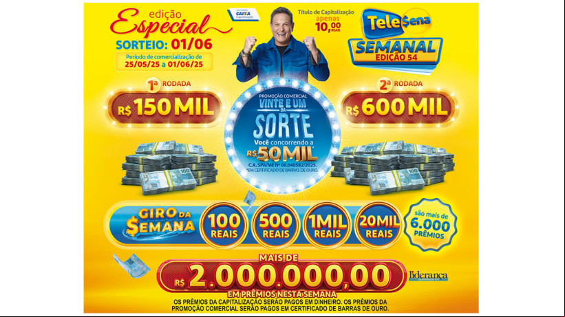 Tele Sena Semanal: resultado do sorteio de hoje, domingo, 1Âº de junho de 2025 (01/06/25), pelo SBT. Mais de R$ 2 milhÃµes em prÃªmios 