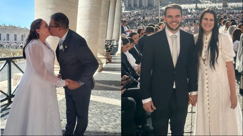 Da esquerda para direita: Wuldson Sousa e Maria estão casados a três anos, já Mauro e Letícia são recém casados e pediram uma benção especial ao papa