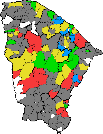 Mapa do Estado do Ceará com as cidades que registraram chuvas 